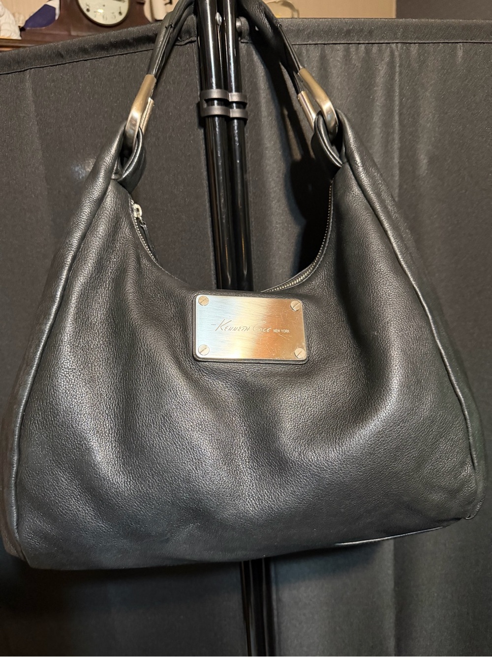 Kenneth Cole Black Pebbled Leather Shoulder Hobo with Metal Plaque